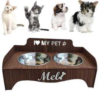 Comedouro Duplo Personalizado Pet Ergonômico Tigelas Inox Cão e Gato
