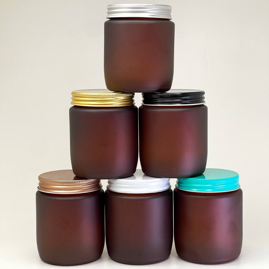 02 und pote de vidro fosco marrom com tampa alumínio para velas 200ml