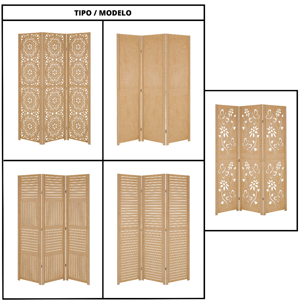 3 Biombo Sanfonado Repartido Folha Madeira Mdf Divisor De Ambiente Painel Separador Divisória Vazado Liso Fechado Horizontal Vertical Floral Mandala