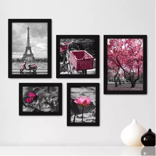 Quadros Decorativos 5 peças para sua Sala Quarto Cozinha Árvore - Flor Torre De Paris