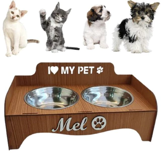 Comedouro Personalizado Pet Para Cães e Gatos + Tigelas Inox