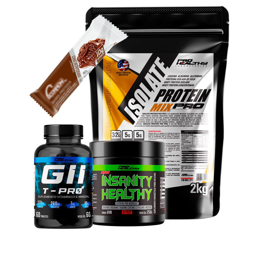Whey Protein Isolate Mix 2kg + Pré Treino Insanity + Gh Testo Pro + Barrinha de Proteína – Pro Healthy