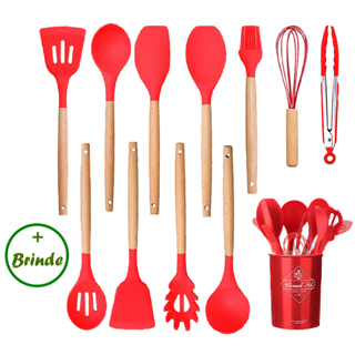 Kit 12 Peças Utensílios Cozinha Em Silicone Maciço E Cabos De Madeira Colheres Linha Master Cheff