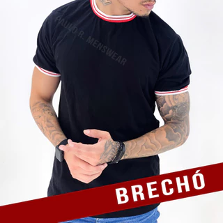 Brechó: Camiseta Gola E Punho Listrados Masculina 100% Algodão