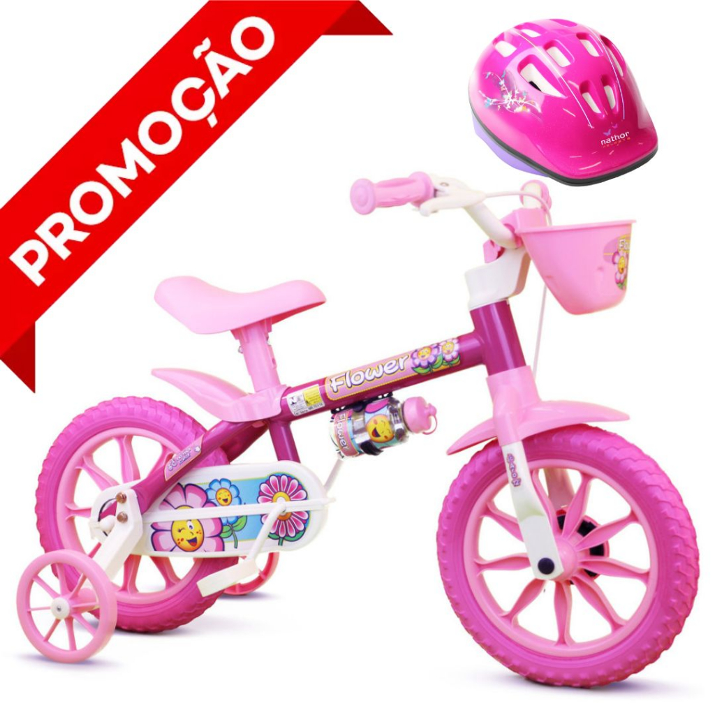 Bicicleta com Rodinha Aro 12 Infantil Menina Capacete Flower Nathor ...