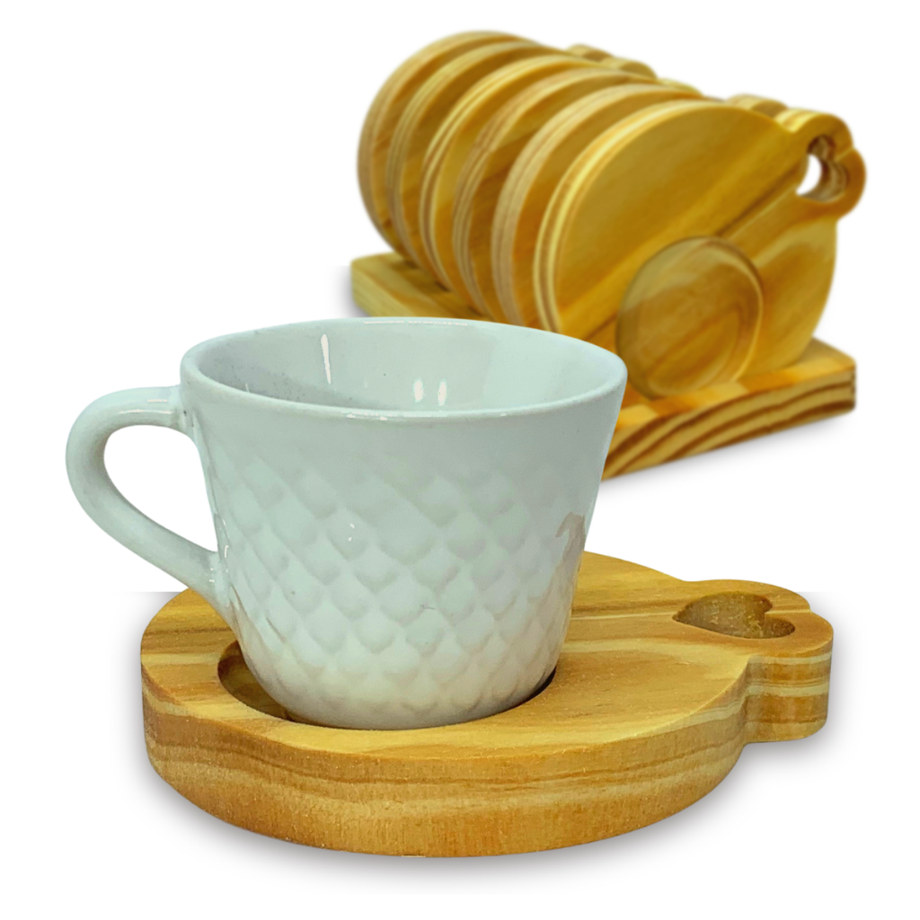 Jogo 6 Xicaras De Porcelana Com Pires Madeira 65ml Sousplat Mesa Posta