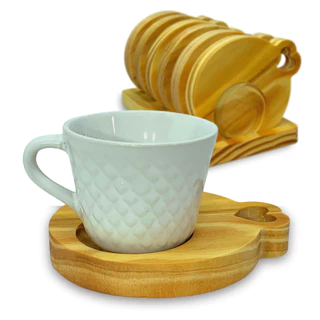 Jogo 6 Xicaras De Porcelana Com Pires Madeira 65ml Sousplat Mesa Posta