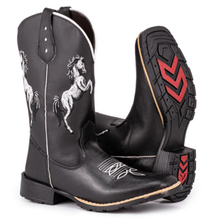 Bota Texana Masculina Country Bico Quadrado Em Couro Solado De Borracha Costurado 2 Cavalos