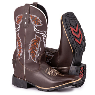 Bota Texana Masculina Country Bico Quadrado Em Couro Solado De Borracha Costurado Cara De Boi Café