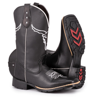 Bota Texana Masculina Country Bico Quadrado Em Couro Solado De Borracha Touro Black