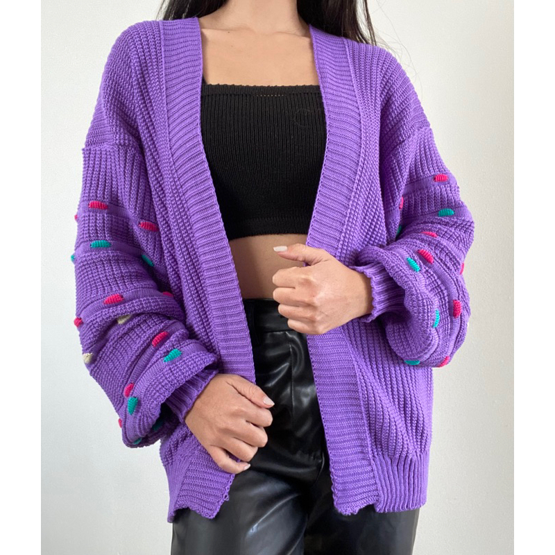 Kimono Cardigã Tricot Manga Bufante Pipoca Colorido OverSized