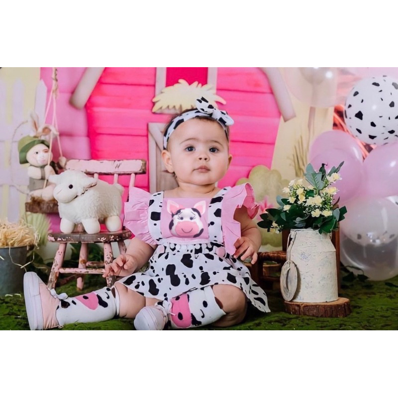 Romper body fazenda fazendinha rosa salopete fantasia vestido smash the cake mesversario aniversário infantil bebê blogueirinha rosa saia conjunto ensaio fotográfico