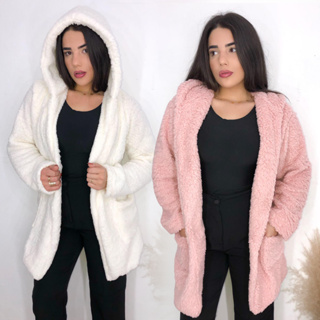 Casaco Teddy Feminino Preto Branco Rose Off Blusa de frio Feminina Longo Bear Pelúcia Jaqueta Ted Com Forro Inverno Casaco de Pele Sintética Promoção