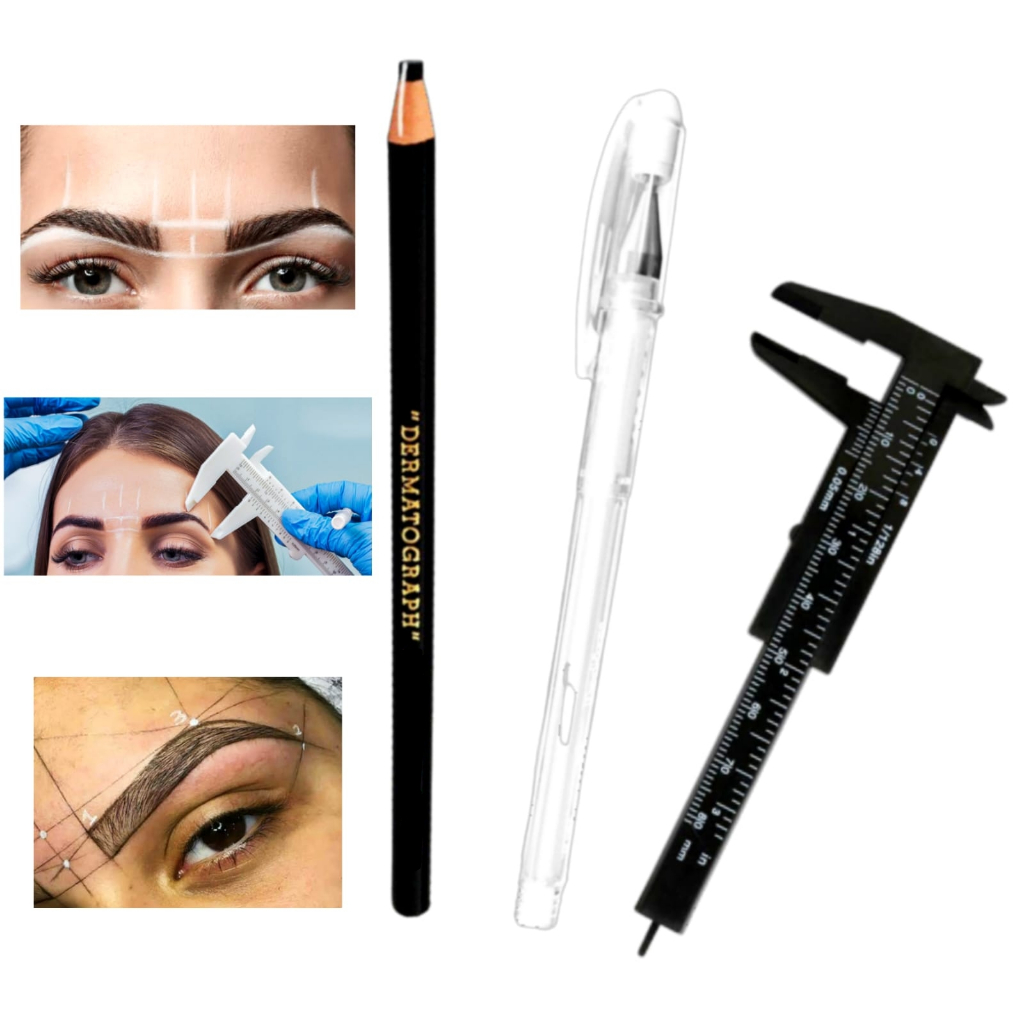 Lápis Dermatográfico + Paquímetro + Caneta Gel Branca para Sobrancelha Design