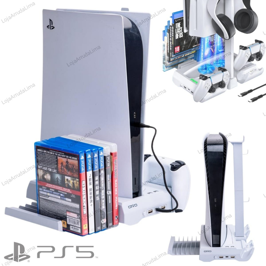 Suporte Base Cooler Carregador Controle Ps5 E Porta Jogos