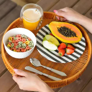 Bandeja Organizadora Decorativa Redonda Cesto Vime Frutas Servir Café Chá Petisco Cozinha Banheiro