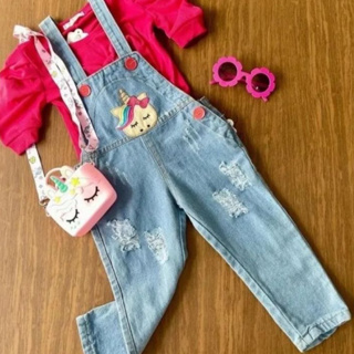 Macacão de ponto infantil, jeans Kawaii Girl, moda casual, calção