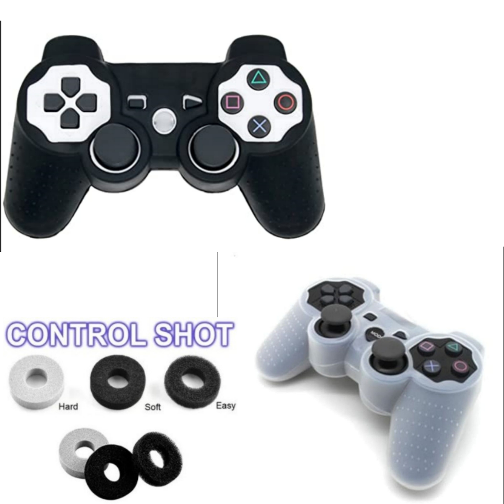 kit 2 Capas De Silicone Antiderrapante Para Playstation Ps3 Controle Preto e Azul + Kit Control Shot