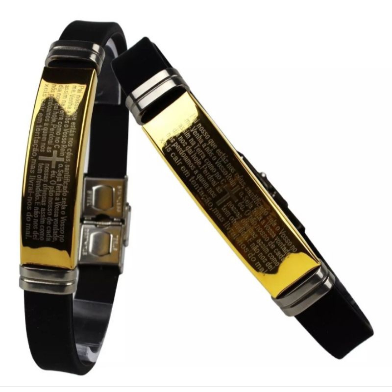 Pulseira bracelete masculino oração Pai nosso dourado aço