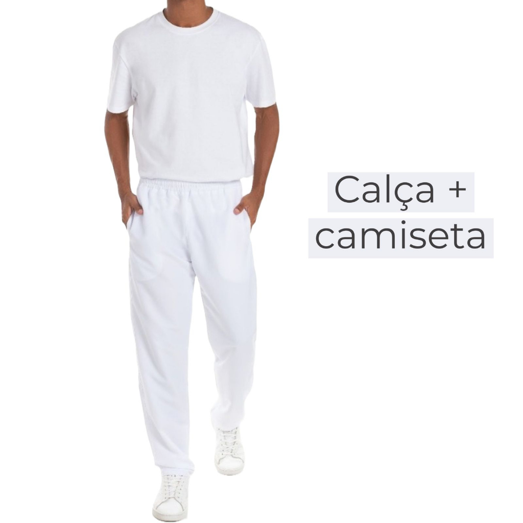 Kit Calca Tactel Branca e Camisa Poliester Branca Manga Curta