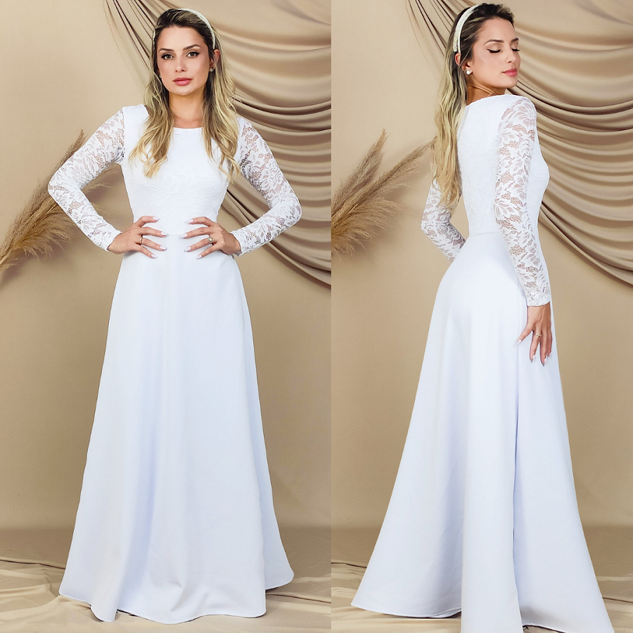 Vestido De Noiva Renda Branco, Simples E Elegante, Cartório