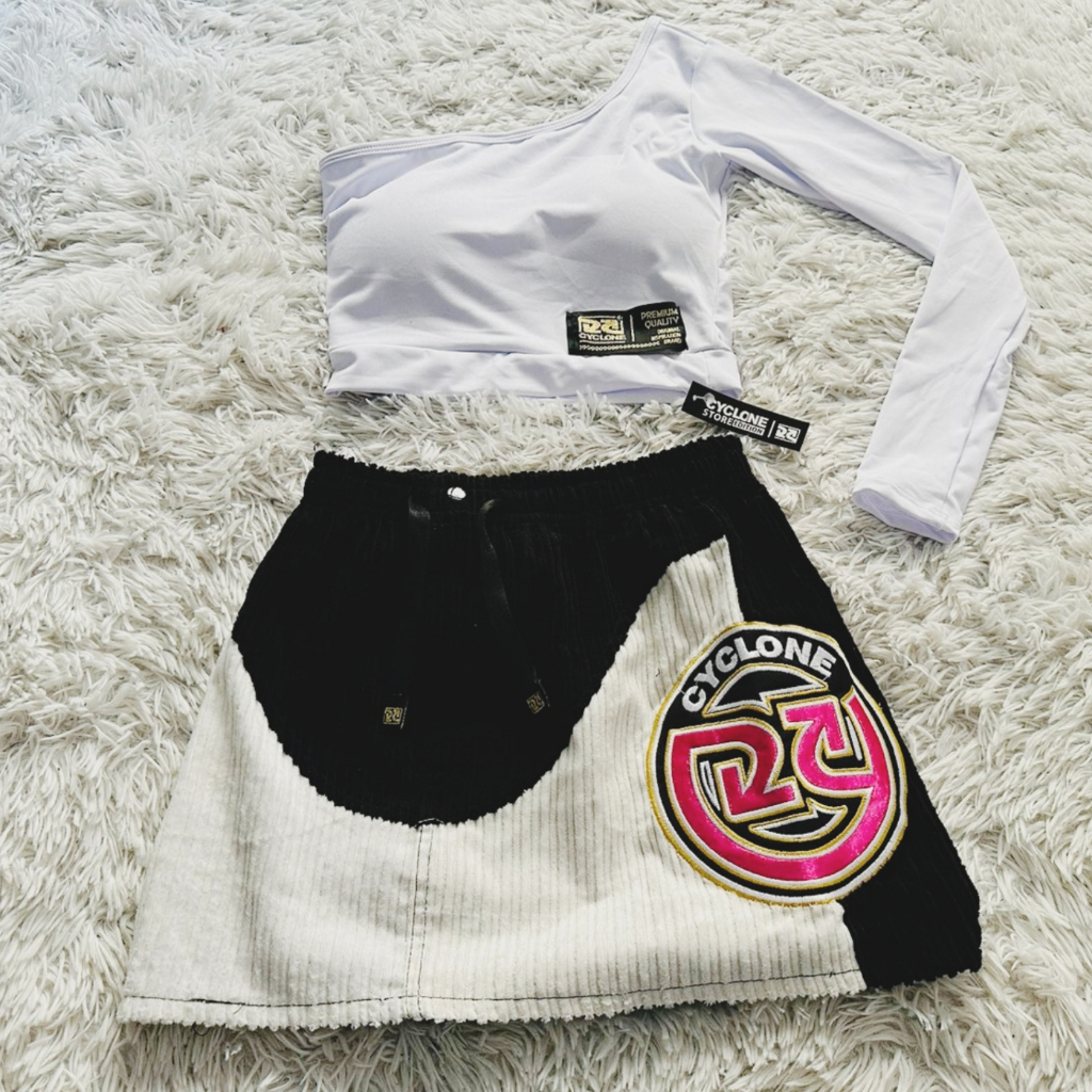 Conjunto Saia Da Cyclone Pop De Veludo e Cropped White Show | Shopee Brasil