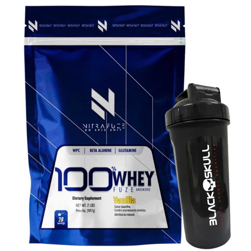 KIT 100% WHEY FUZE REFIL 907G + COQUETELEIRA BLACK SKULL