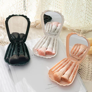 Kit 5 Pincéis Com estojo Formado De concha do Mar com Espelho Portátil para Aplicação de Maquiagem ZD