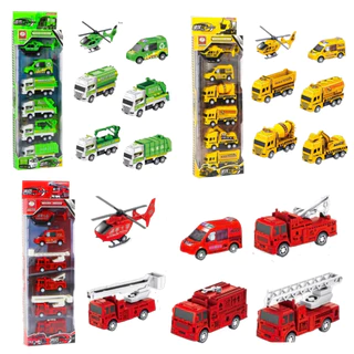 Kit 6 Carrinhos Conjunto Carrinho de Brinquedo Fricção Bombeiro Obra Militar Tanque Escavadeira Trator Helicoptero Caminhão para Crianças