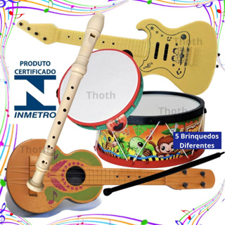 Kit Musical Brinquedos Educativo C/5 Instrumentos Tambor Violão pandeiro Flauta Infantil