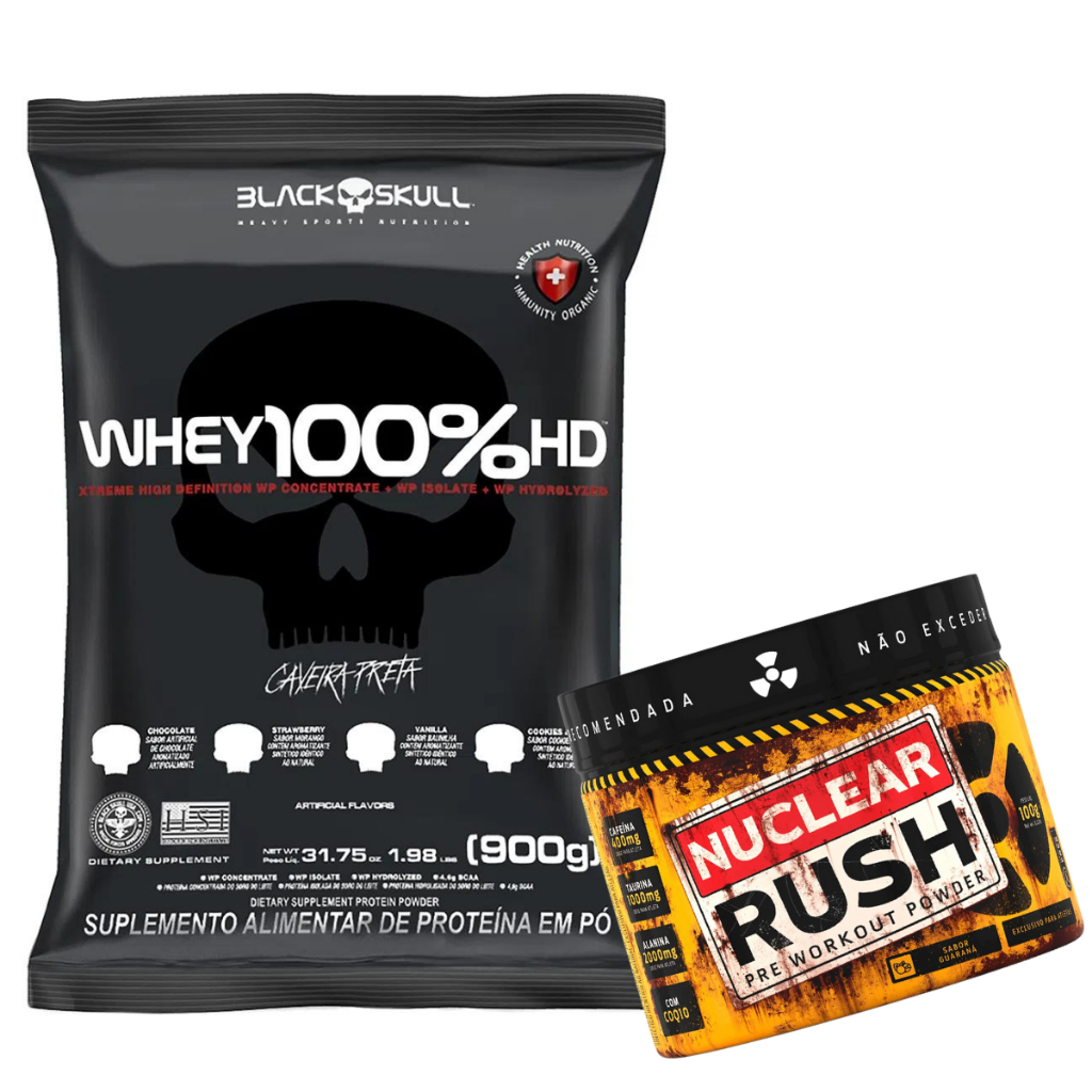 KIT WHEY 100% HD REFIL BLACK SKULL – 900G + NUCLEAR RUSH 100g BODYACTION PRÉ TREINO