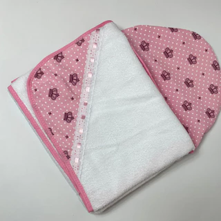 Toalha de Banho Fralda com Capuz Para Bebê Felpuda Atoalhada Infantil Menina Coroa Rosa