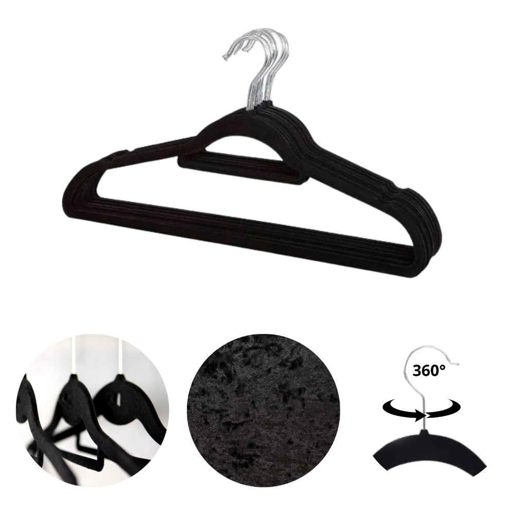  Kit 50 Cabides de Veludo 360° Antideslizante para Roupas  (Preto) : מוצרי חשמל