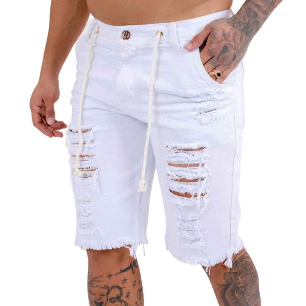 Short jeans sale branco rasgado masculino