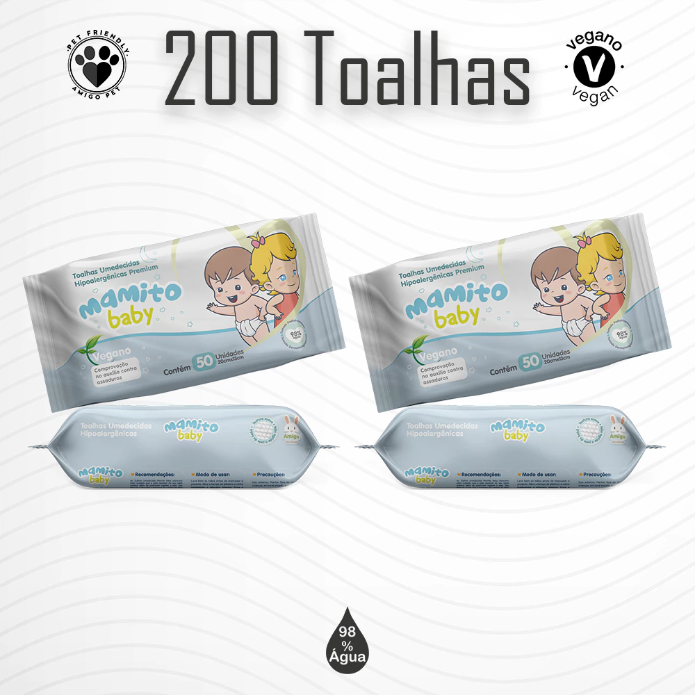 04 Lenços Umededios Mamito Baby  200 Toalhas Umedecidas 20x13 cm