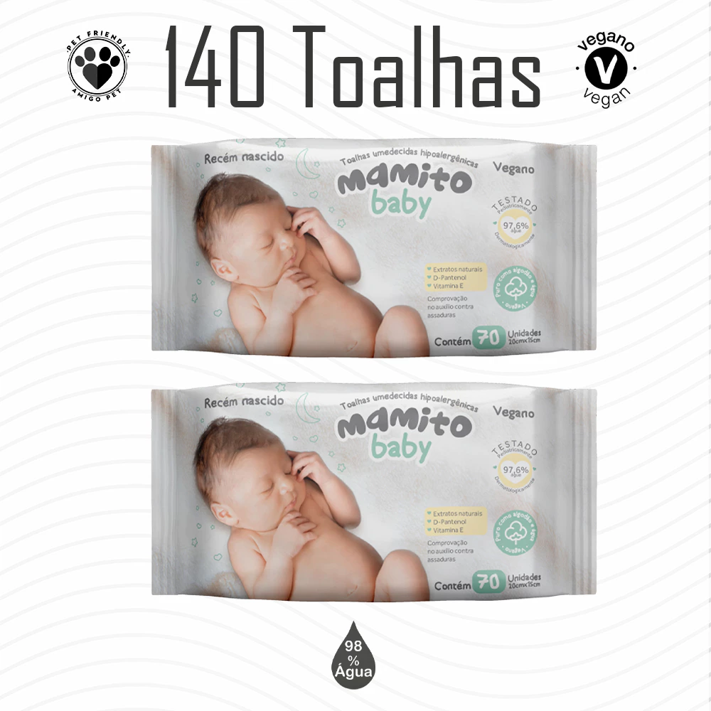2 Toalhas Umedecidas Recém Nascidos 70 Folhas 20x15 Cm - Mamito Baby