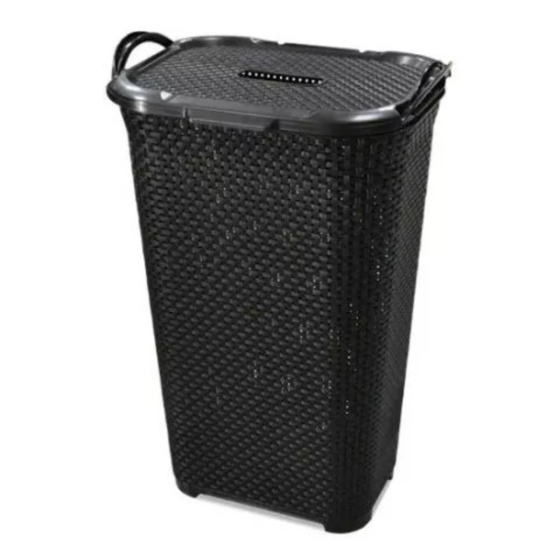 Cesto Rattan Grande 50 Litros Com Tampa Basculada Preto 25665