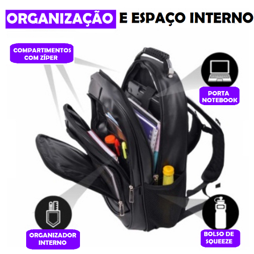 Bolsa Mochila de Couro Universitária Unissex Feminina Masculina Grande Reforçada Com Cabo de Aço Preta e Marrom