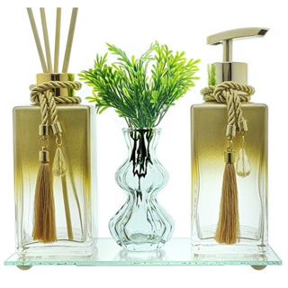 Kit Banheiro Porta Sabonete e Difusor Dourado Degrade 250ml