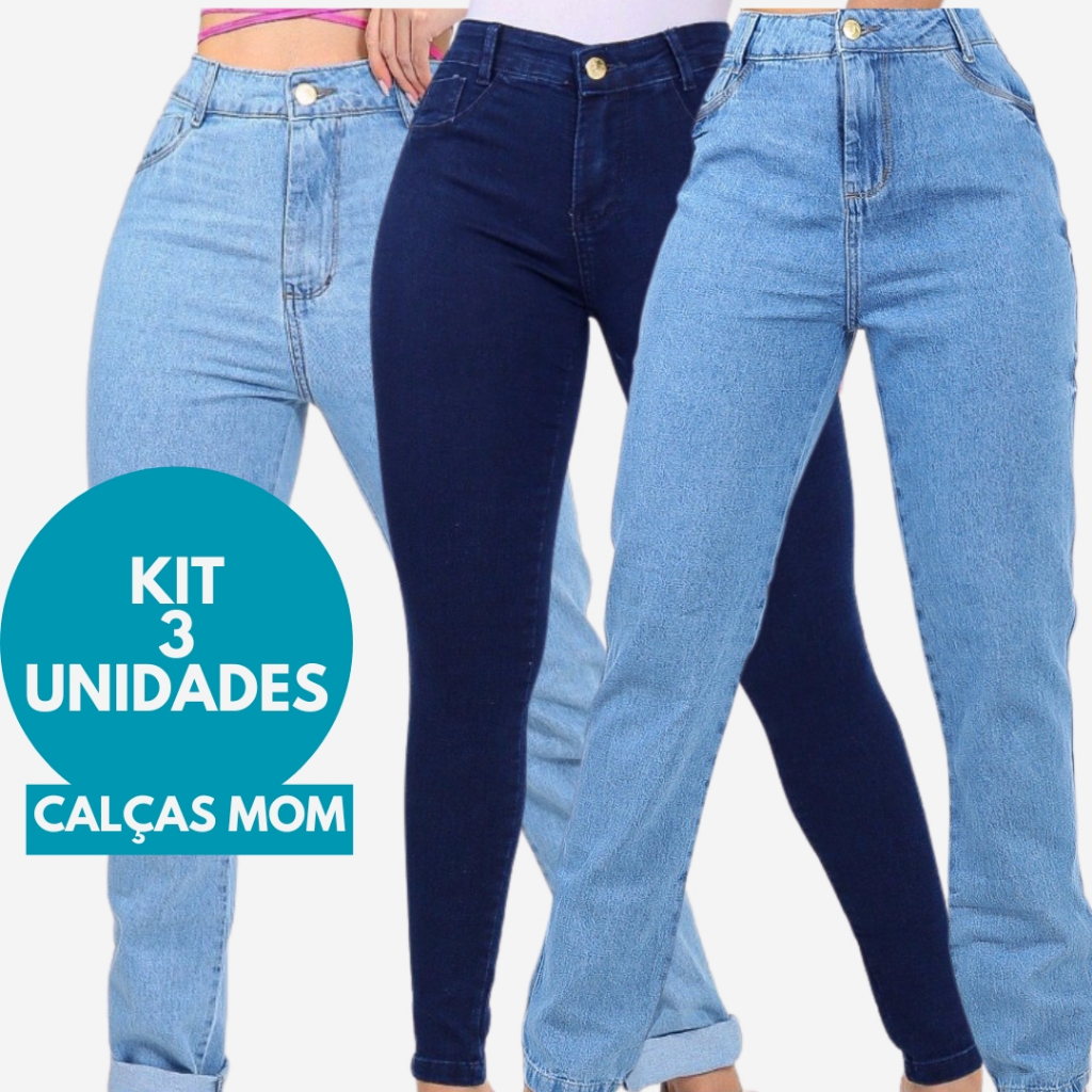 KIT 3 Calças Jeans MOM Cintura Alta Levanta Bumbum 100% Algodão Cós Alto Sem Lycra