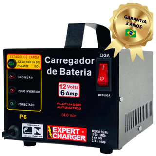 Carregador de Baterias 12V - 6 Amperes para moto, carro + Voltimetro e Plugs