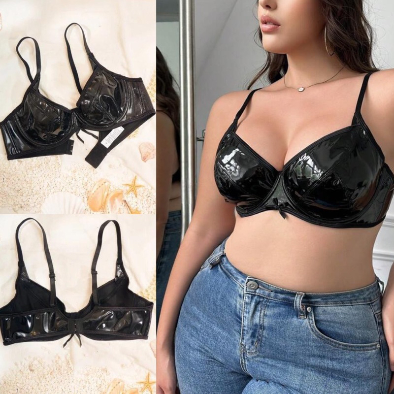 Top Cropped Sutiã Couro Vinil Brilho Moda Blogueira PP ao Plus Size Preto