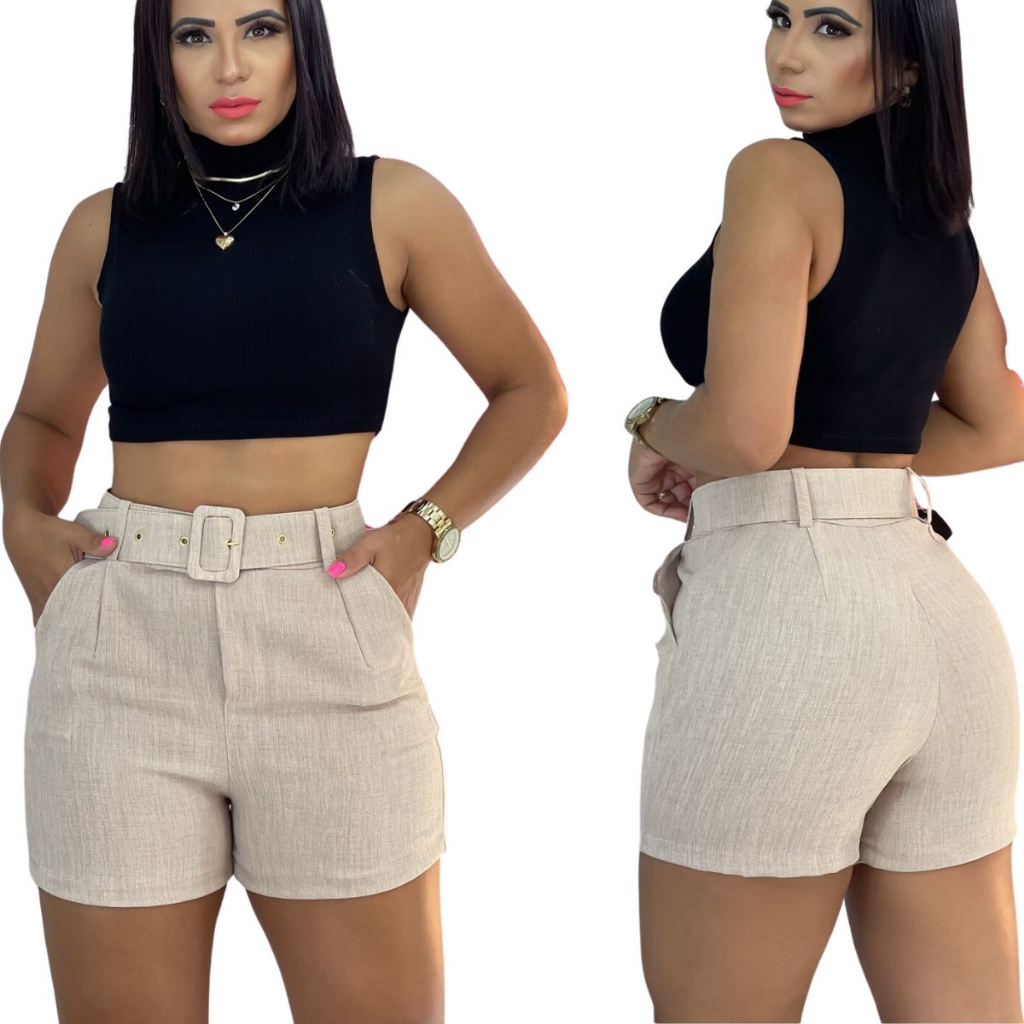 Shorts Feminino Cintura Alta com Cinto Linho Bolso e zíper Lateral Novo Short Meia Coxa