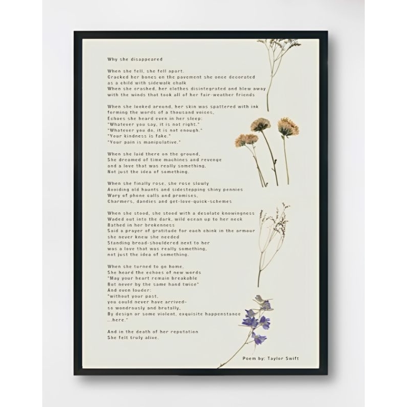Quadro Taylor Swift Poema Why She Disappeared A4 Moldura Preta Shopee