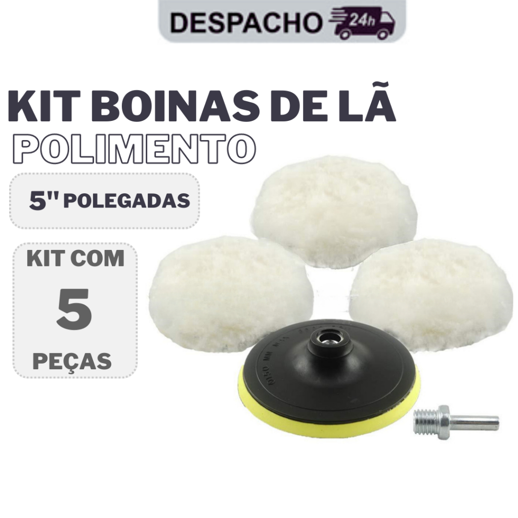 Kit Boina Lã Polimento Automotivo 125mm 5 Polegadas Com Suporte Velcro Para Politriz Furadeira e Parafusadeira