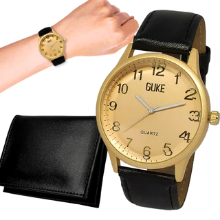 Relógio Masculino Dourado Couro Original + Carteira Couro