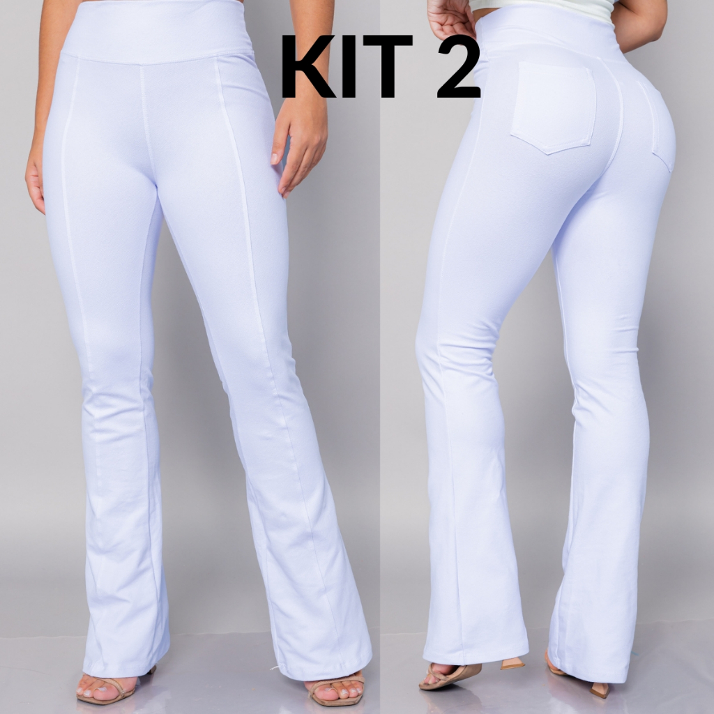 KIT 2 Calça Flare Branca Feminina Cotton Jeans Cintura Alta Bailarina ...