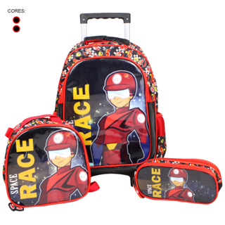 Kit Mochila de Rodas Escolar Infantil Menino Estojo Lancheira Resistente Inmetro