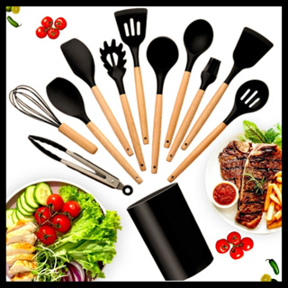 Jogo Kit C/12 Peças Utensílios De Cozinha Colheres Espatula Silicone Cabo Madeira Decoração Livre BPA