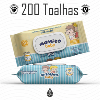 02 Lenço Umedecido Premium 100 Folhas 20x13 Cm Mamito Baby Com Tampa Flip Top